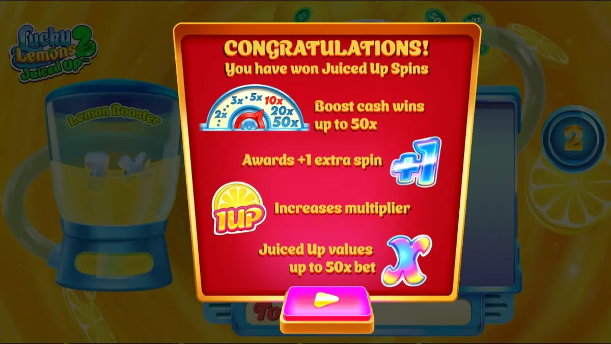 Tampilan visual slot Lucky Lemons 2 Juiced Up dengan simbol buah pop-art