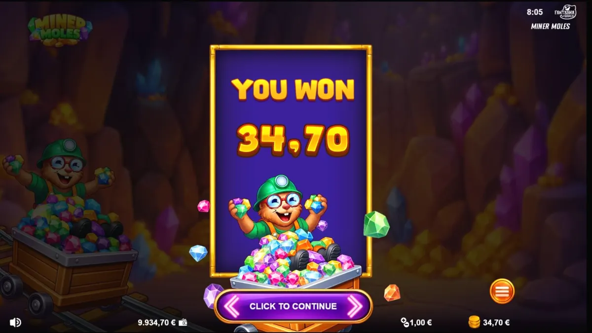 Tampilan visual slot Miner Moles dengan karakter tikus tanah dan kristal